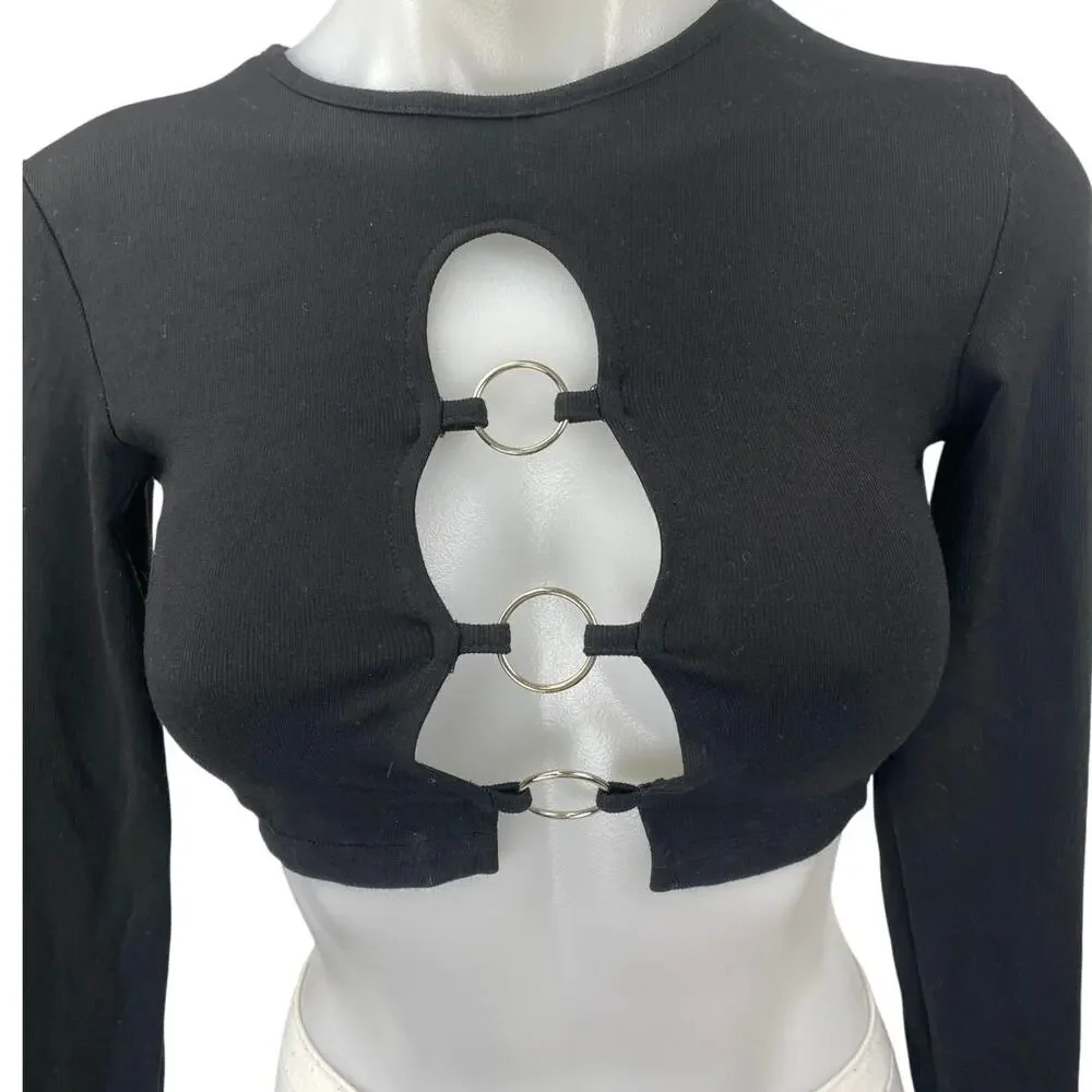 Edikted Women's Black Cutout Crewneck Long Sleeve Knit Crop Sweater Top Size XS